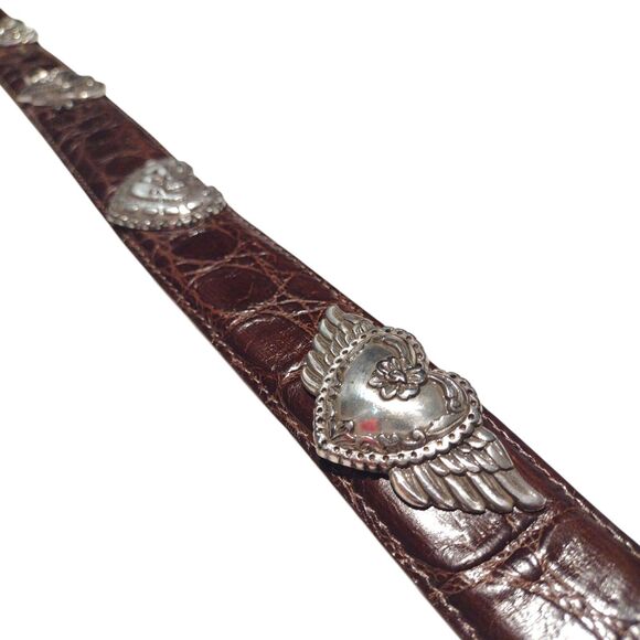 Brighton Belt Brown Croc Embossed Leather Silver Heart Conchos Small USA Vintage - Picture 14 of 16